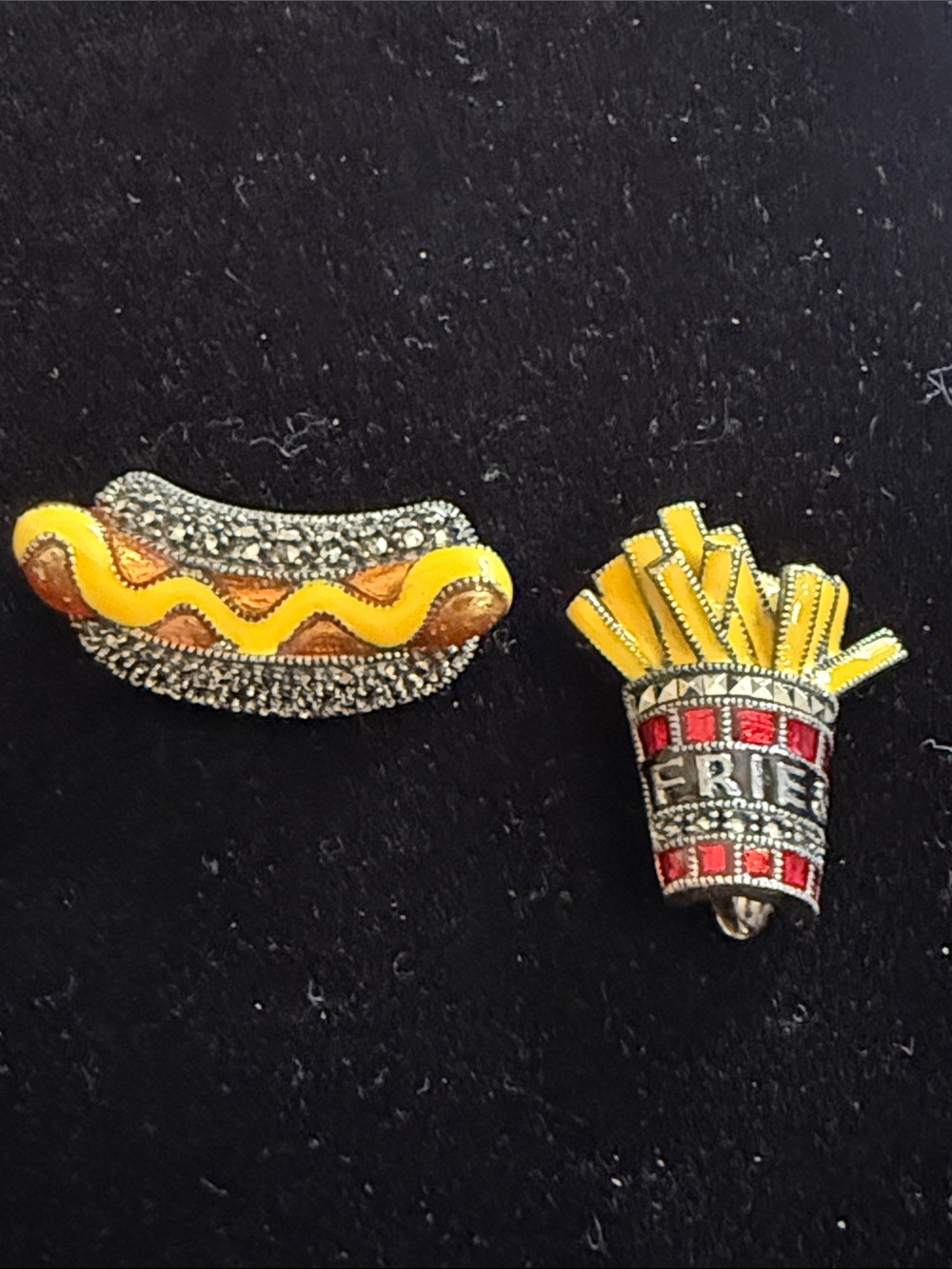 Judith Jack Sterling Silver Marcasite Hot Dog & French Fries Novelty Pin Set
